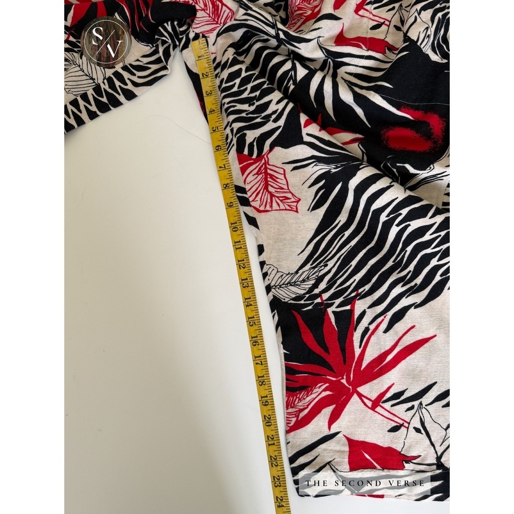 VTG Tropical Palm Print Linen Pants Red Black Cream Wide Leg Pull On Drawstring - Picture 9 of 10